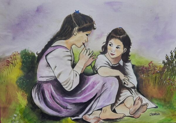 Two Little Girls are playing watercolor painting